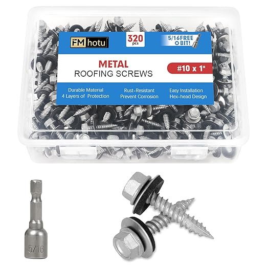 Metal Roofing Screws #10×1Inch, 320-PCS, Hex Head Rustpert Coating Sheet Metal to Wood Siding Screw with EPDM Rubber Washer, Sharp Point, Hex Socket Included