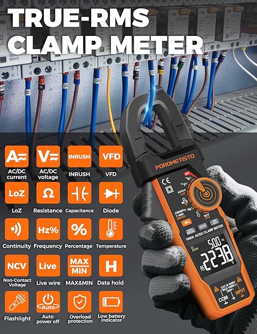 Inrush Clamp Meter With Flashlight,CM06Pro Clamp Multimeter,T-RMS 6000 Counts 1000A Amp Meter with VFD,LOZ,NCV,AC/DC Voltage Current,Continuity Capacitance Frequency Resistance Temperature