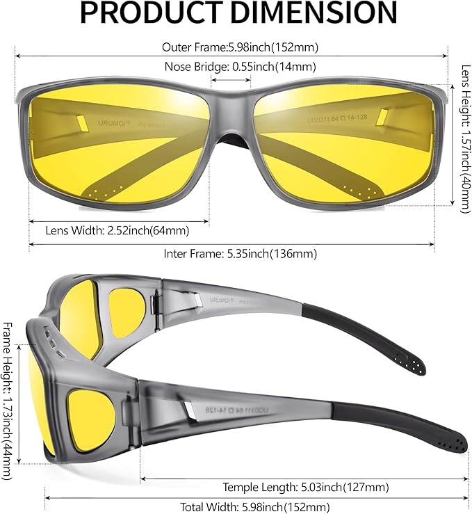 URUMQI Night Vision Driving Glasses Fit Over Eyeglasses for Men Women, Anti Glare Polarized Nighttime Glasses Yellow Lens