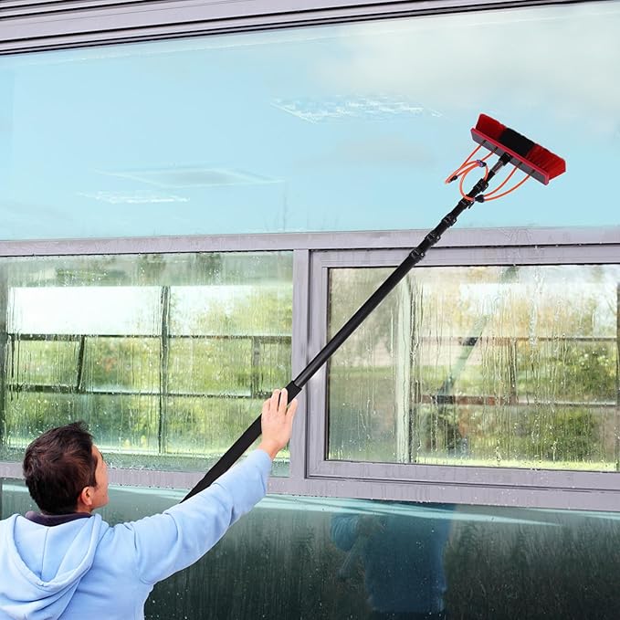 Reach Solar Panel Cleaning Brush & Pole Water Fed Pole Kit, 24ft Length Stretchable Solar Panel Cleaning Brush Kit Car Glass Washing Equipment Tool Outdoor Window Cleaner w/Hose (20ft)