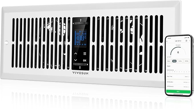 VIVOSUN Quiet Register Booster Fan for 𝟒" 𝐱 𝟏𝟐" Holes, Cooling Heating Vent Fan with 10-Speeds App Control &Adjustable Wind Direction, Thermostat Control for Bedroom, Bathroom &Attic, White