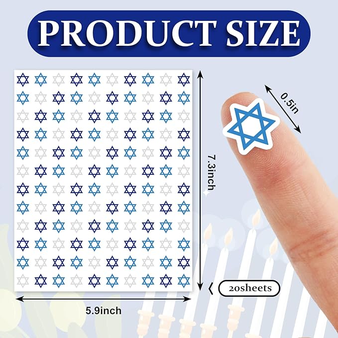 JarThenaAMCS 2400Pcs Hanukkah Mini Sticker Hexagram Star Paper Decal Silver Blue Chanukah Self-Adhesive Sticker for Envelopes Scrapbook Gifts DIY Supplies