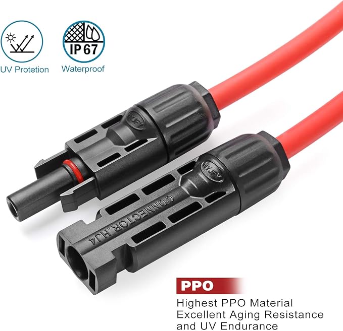 Solar Cables 10Feet 10AWG Solar Extension Cable,6mm² Solar Cable Wire with Female and Male connectors Weatherproof Tinned Copper Extension Cable Wire Adapter Kit (10ft Red + 10ft Black)
