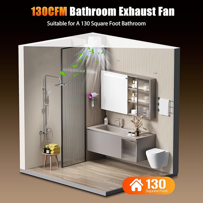 Bathroom Exhaust Fan 12" Panel Ultra Quiet without Light（10x10 Mount）, 1.0 Sone 130CFM, 4" Duct for Bathroom/Garage/Home