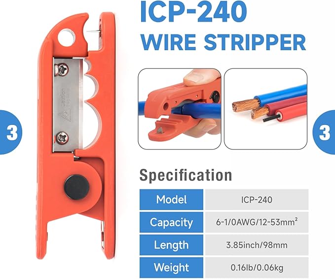 iCrimp IWS-50BN Battery Cable Terminal Crimping Tool Kit for 8, 6, 4, 2, 1, 1/0AWG Battery Cable Lugs, with Battery Cable Cutter and Wire Stripper