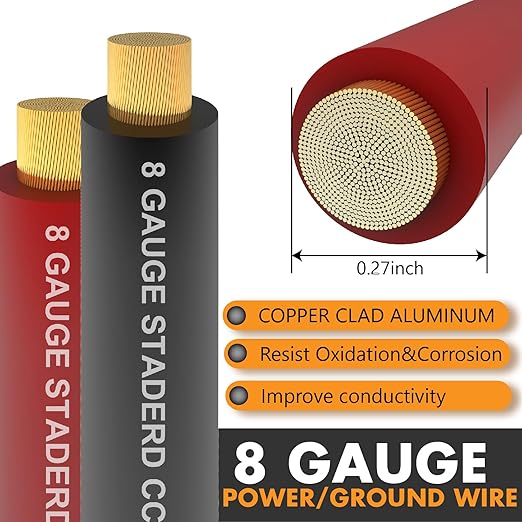 Jeemiter 8 AWG CCA Wire Kit - 50ft Total (25ft Red & 25ft Black) | Complete Power & Ground Cable for Car Audio, Solar, RV | with Lugs & Heat Shrink Tube