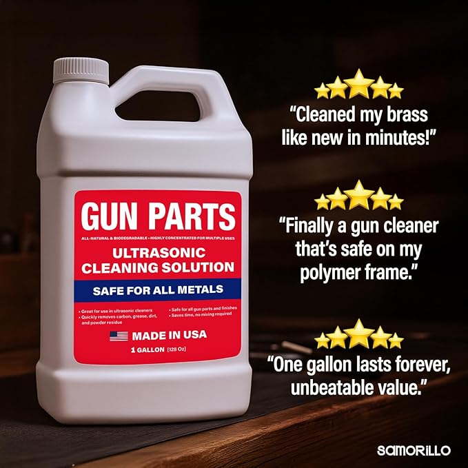 Ultrasonic Gun Cleaning Solution - 1 Gallon/128oz [Made in USA] Concentrated Formula Mixes into 6 Gallons - Firearm Cleaning Fluid for Brass & Gun Parts - for Ultrasonic Cleaner Use
