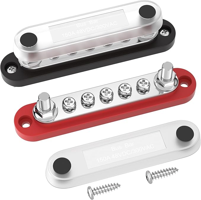 DaierTek 12v Bus Bar 150A Small Battery Power Distribution Block 12 Volt Positive & Negative Terminal Block Busbar 2 x 1/4" Terminal Studs 5 x #8 Terminal Screws with Cover for Marine Automotive Car