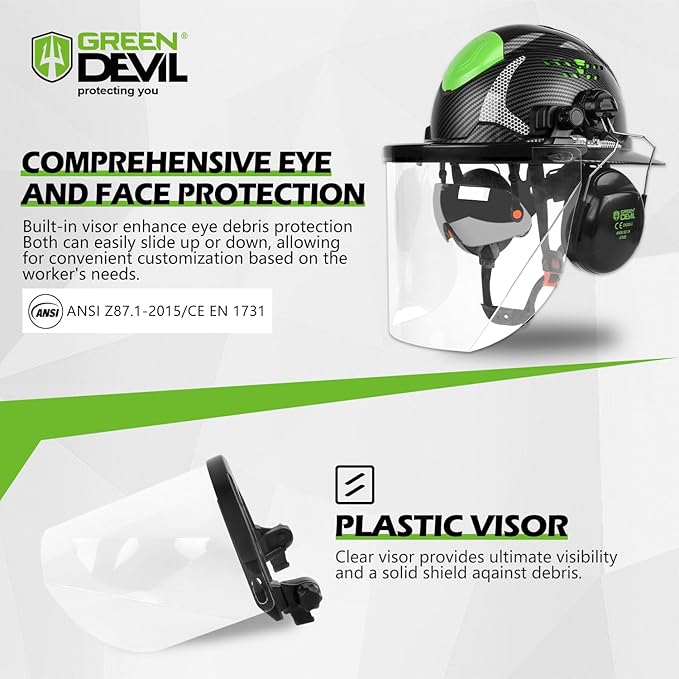 GREEN DEVIL Industrial Chainsaw Helmet with Face Shield Built in Visor and Ear Muffs 4 in 1 System ANSI Z89.1 Safety Hard Hat Adjustable Headgear Ideal for Forestry and Arborist Work Full Brim Style
