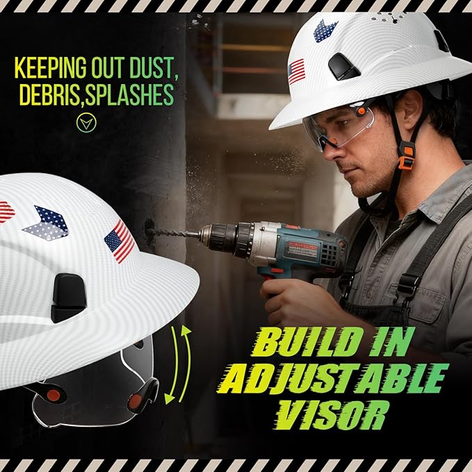 Carbon Fiber Pattern Full Brim Hard Hat with Visor-OSHA Approved Construction Safety Helmet for Men Women,ANSI Z89.1 Vented Reflective Hardhat with Hard Hat Chin Strap,6-Point Suspension