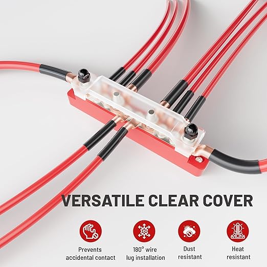 RED WOLF 150A 12V Bus Bar with Cover, 4 x 1/4" (M6) 6 x #8 (M4) Studs Power Distribution Terminal Block 48V DC Car Boat Marine Solar System (Black+Red)