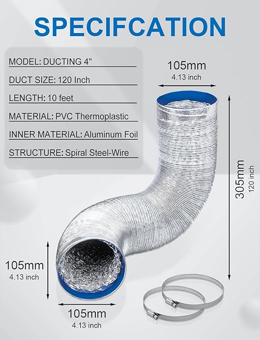 Wathai 4 Inch Flexible Dryer Vent Hose, 10ft Thick Aluminum Foil Ducting Kit for Tight Spaces Crush-Resistant Exhaust Hose with 2 Clamps, Ventilation Duct for Dryer and HVAC Systems