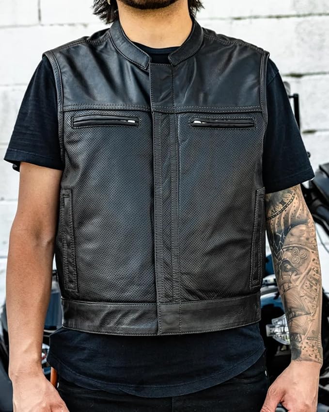 First Mfg Co Lowrider Mens Motorcycle Biker Riding Armor Club Style Black Leather, Twill, Moto Mesh, Perforated Vest