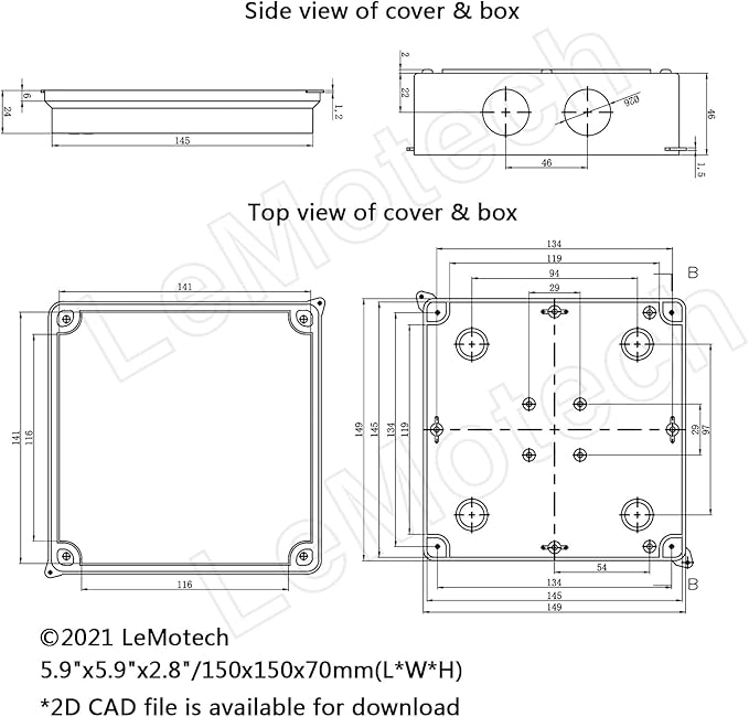 LeMotech ABS Plastic Dustproof Waterproof IP65 Junction Box Universal Electrical Project Enclosure White 5.9 x 5.9 x 2.8 inch (150 x 150 x 70 mm)