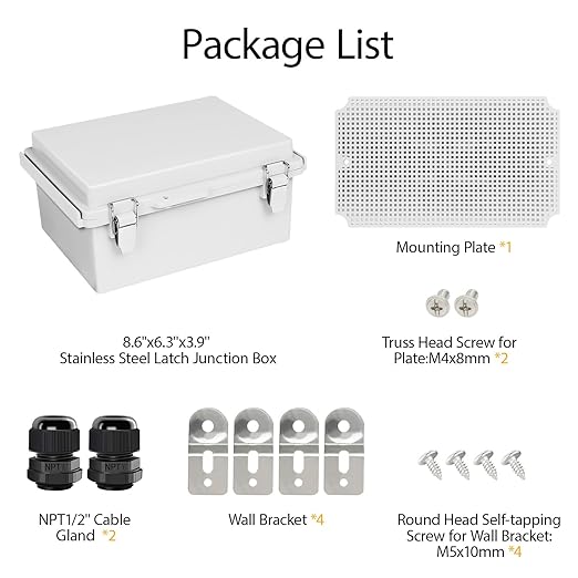 LeMotech Electrical Box, IP67 Waterproof Hinged Cover Stainless Steel Latch Junction Box, ABS Plastic Electrical Enclosure with Mounting Plate,Wall Brackets, Cable Glands, 8.2"x6.3"x3.9", Grey