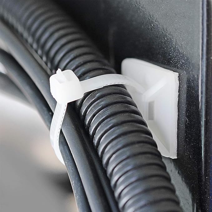 3/4" 3M Back-Glue Self Adhesive White Strong Cable Zip Tie Mounts 100pcs with 8" Ties, Screws, Outdoor Sticky Wire Fasteners Cable Clips Management Anchors Organizer Holders Squares