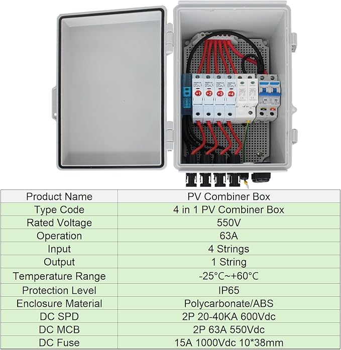 4 String Solar PV Combiner Box with DC Circuit Breaker, Lightning Arrester and 15A Rated Current Fuse for On/Off Grid Solar System(Gray, with Lock)
