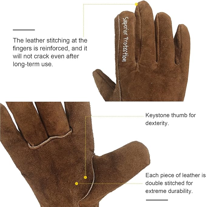 12 Pairs Bulk Leather Work Gloves for Men or Women for Construction, Farm, Ranch, Woodworker, Soft, Keep warm，Cowhide Thickened, Water Resistant, Brown, M
