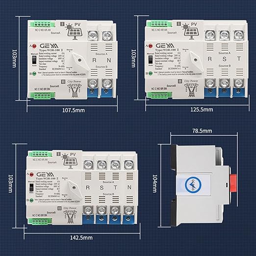 GEYA on-Grid Solar Power Automatic Transfer Switch Din Rail 4P 63A 110VAC ATS PV System to City Power (ATS-4P-63A-110V-SOLAR)