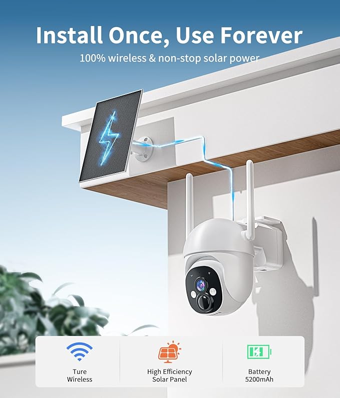 2K Solar Security Cameras Wireless Outdoor, 360° View Outdoor Camera for Home Security with Color Night Vision, Battery Powered, AI PIR Detection, Spotlight Siren Alarm, Only 2.4Ghz WiFi