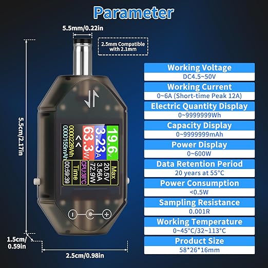 DC Voltage Tester Power Meter, 4.5-50V 0-12A Two-Way Measurement Voltage Current Capacity Amp Volt Voltmeter Ammeter Detector Digital Tester for DC 5.5 x 2.5/2.1 Port Device, Black