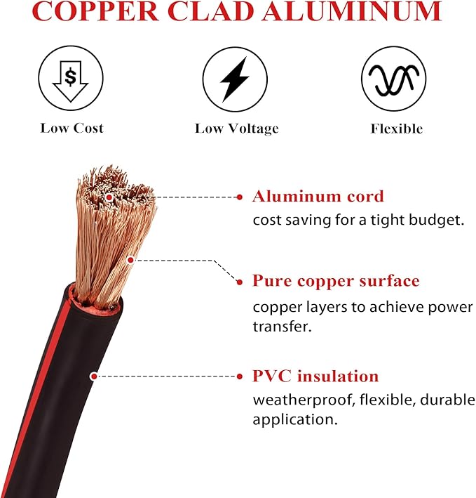 2 Gauge Battery Welding Cable (Black, 5 Feet) - 2 AWG Copper Clad Aluminum Power Wire with M8 & M10 Copper Cable Lug Ends for Auto, Camper, RV, Truck, Solar Low Voltage Wiring