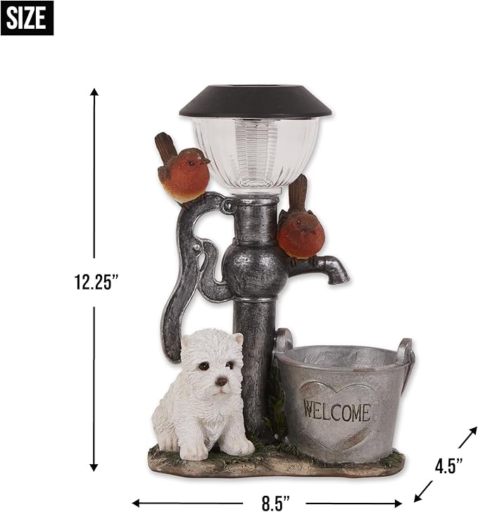 Zingz & Thingz Day & Night Garden Décor Solar Statue Figurine, 8.5x4.5x12.25, Little Pup & Water Pump