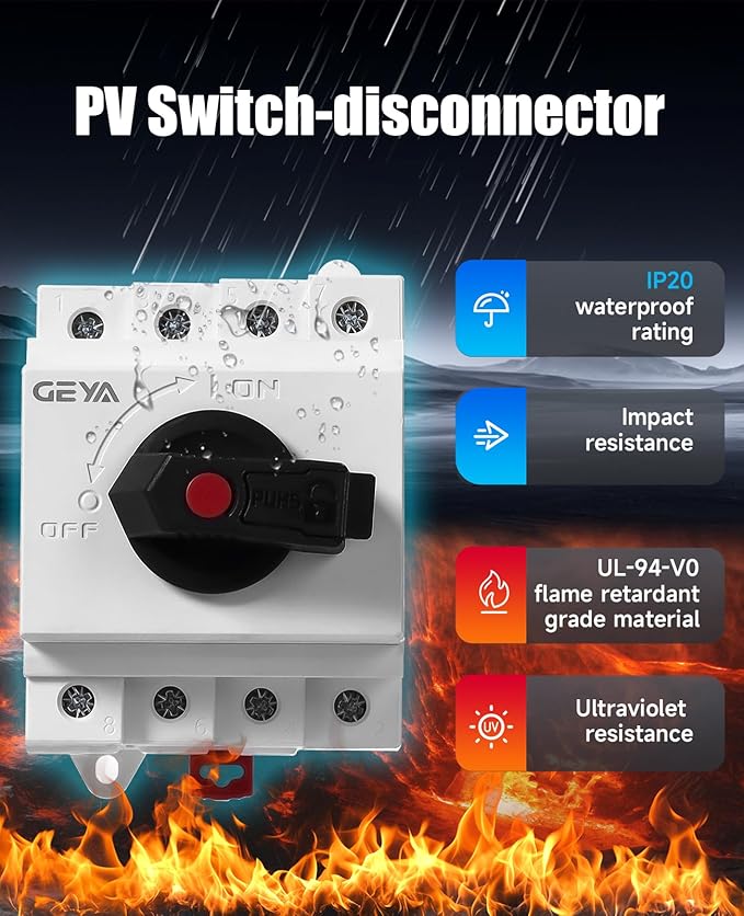32 Amp DC1200V Solar Disconnect Switch Isolator Switch PV Panel Disconnect Solar System Combiner Box Accessory DIN Rail Mount and Lockable