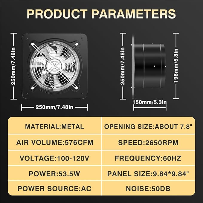 8 inch Exhaust Fan, Kitchen Exhaust Fan for Wall, Potable Window Exhaust Fans, 576CFM Wall mounted Bathroom Fan with Check Valve for Kitchen, Workshop, Basement (Black)