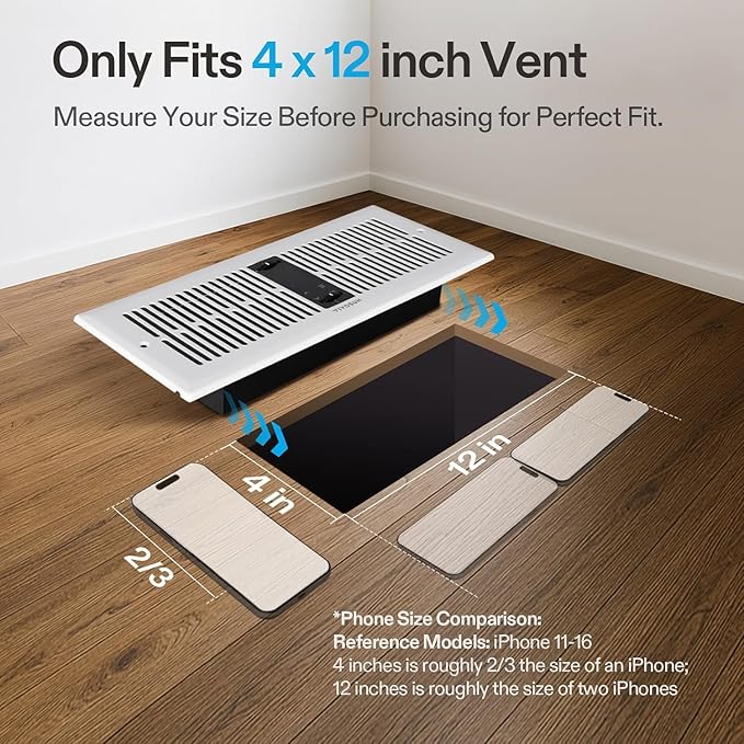 VIVOSUN Quiet Register Booster Fan for 𝟒" 𝐱 𝟏𝟐" Holes, Cooling Heating Vent Fan with 10-Speeds App Control &Adjustable Wind Direction, Thermostat Control for Bedroom, Bathroom &Attic, White
