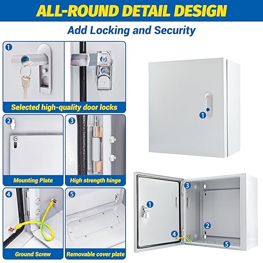 Electrical Box 12 x 12 x 8'' Steel Electrical Junction Box，NEMA 4X Steel Enclosure Box，Indoor&Outdoor Electrical Box Waterproof & Dustproof，Wall Mounted Universal，with Lock & Mounting Plate