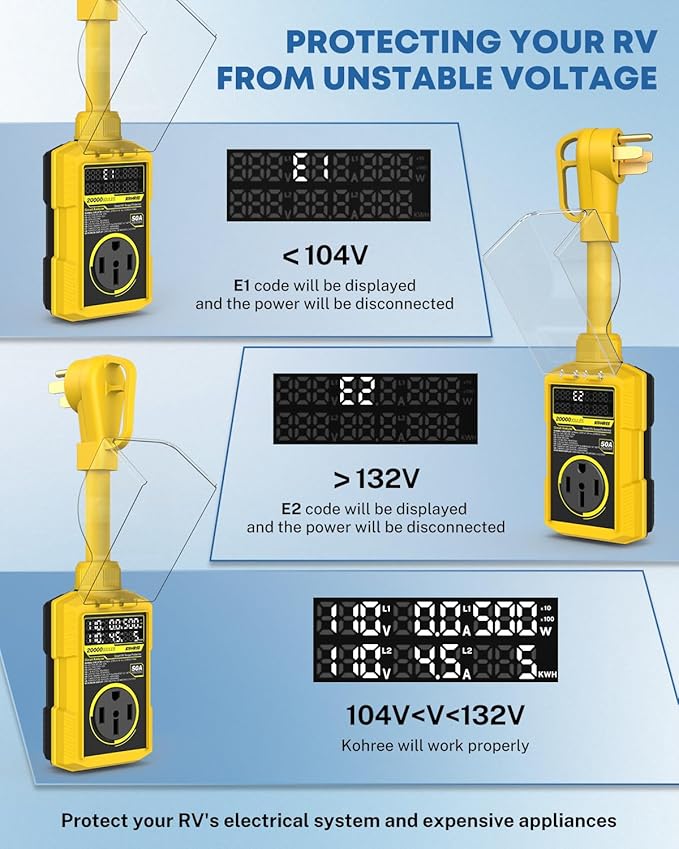 Kohree RV Surge Protector 50 Amp, 20000 Joules RV Power Surge Voltage Protection, RV Adapter Plug with Auto Shut Off LED Large Screen Real-Time Circuit Analyzer for Travel Trailers Camper-50A Yellow