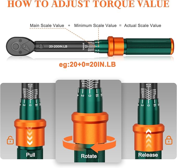 1/4 Drive Inch Pound Torque Wrench, 20-200 In-lb, ±3% High Accuracy Click Torque Wrench with 72-Tooth Dual-Direction Head for Bike Repair, Motorcycle and Precision Instrument Maintenance