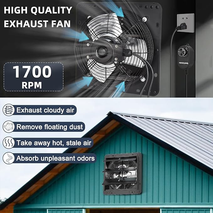 Criditpid 10 Inch Shutter Exhaust Fan with Speed Controller, 647CFM High Speed Vent Fan with Adjustable Thermostat, 1700 RPM Wall Mounted Kitchen Exhaust Fan for Attic, Garage, Gable Ventilation.