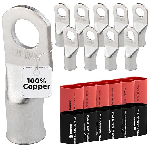 SELTERM 10pcs - 3/0 Awg - 1/2" Stud - Battery Lugs - Ring Terminal Connectors with 12pcs 3:1 Black & Red Heat Shrink Tubing with Adhesive | Heavy Duty Battery Cable Ends - Tinned Copper Wire Lugs Kit