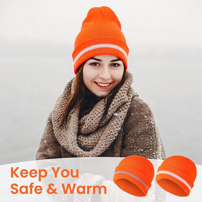 2Pcs Reflective Orange Beanie Unisex, Reflective Winter Hat for Work Running, Safety Beanies Hats Men, Warm and Cozy Knit Cap Headwear