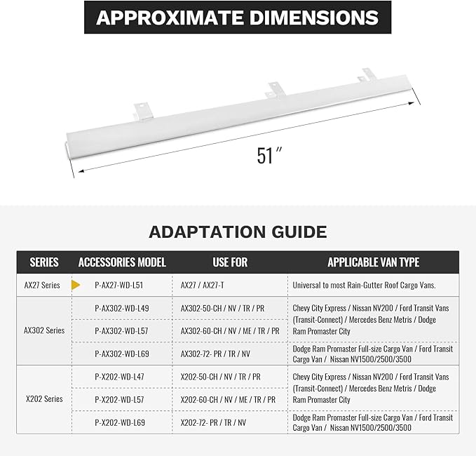 AA-Racks Aluminum 51" Ladder Rack Wind Deflector, Van Rack Accessory Model AX27 Series White