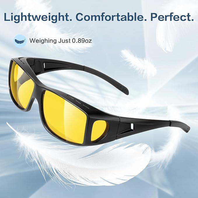 Night-Driving-Vision-Glasses Men-Women Anti-Glare - Polarized Fit Over Prescription Glasses, Night Vision Glasses for Driving,Night time,Matte Black Frame,Yellow Lens