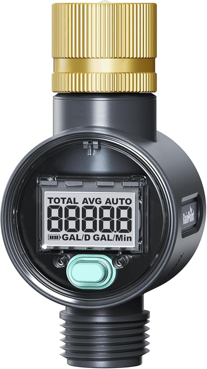 RAINPOINT Water Flow Meter with Brass Inlet, Water Meter for RV Tank Filling, Garden Hose Watering, Lawn Sprinkler & Nozzle Sprayer, ±5% Accuracy, Max Measured Consumption of 9999.9 Gallon/Liter