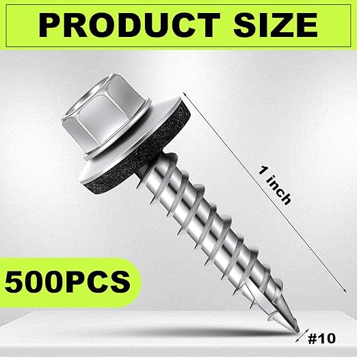 Tandefio Zinc Hex Head Metal Roofing Screws Galvanized Roof Self Starting Tapping Siding Sheet with Rubber Washer Seal for Wood Panels Summer (500 Pcs, #10 x 1)