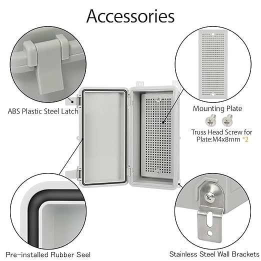 Junction Box IP65 Waterproof Electrical Box Outdoor ABS Plastic Project Box Hinged Shell Universal Enclosure Box with Mounting Plate, Wall Brackets, Cable Glands 7.9" x 3.9" x 2.8"