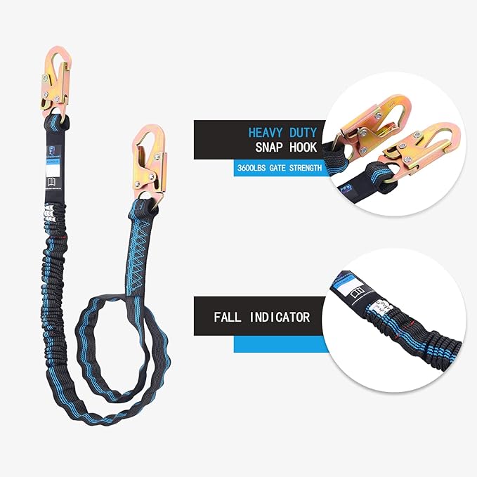 6 FT Safety Harness Lanyard with Double Heavy Duty Snap Hook, Single leg Abrasion Resistant Internal Shock Absorbing Fall Protection Lanyard, Construction Arborist Roofer, OSHA/ANSI Rated