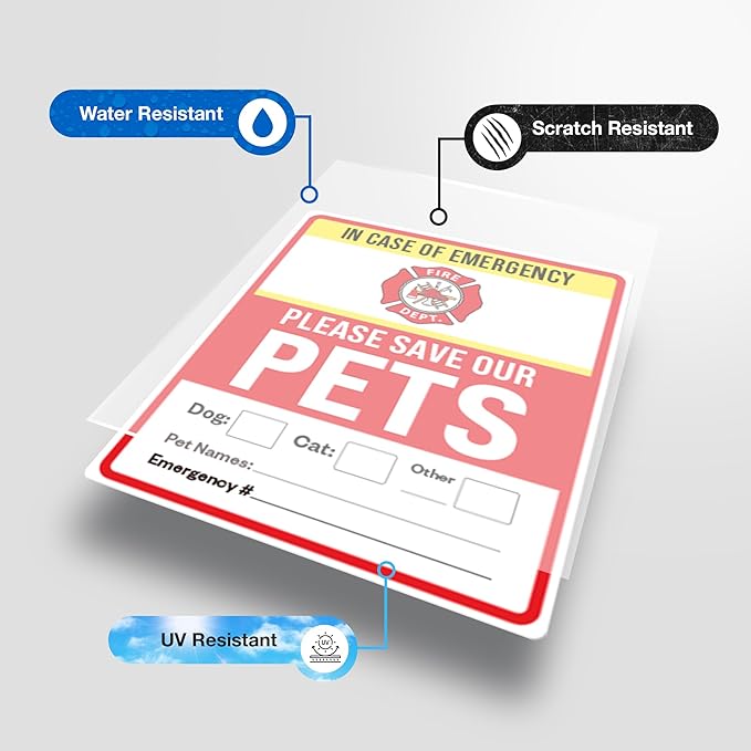 Pet Alert Safety Fire Rescue Sticker, 4" x 5" 6pk - Emergency Pet Inside Decal - in Case of Danger Home Window Door Sign