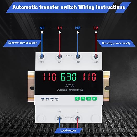 63A 110V Automatic Transfer Switch, 2P Dual Power Select Interruptor Electrical Changeover Switch with LED Display, Mini ATS Din Rail Mount, 50/60Hz CE Certified for Backup Power