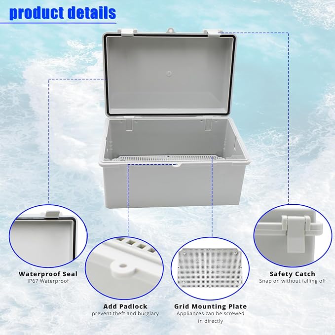 MAKERELE Waterproof Electronic DIY Projects Cable Enclosure Outdoor With Wall Bracket 11.4"7.5"5.5" (290190140mm) IP65 Outside ABS Plastic Electrical Box With 2 NPT 1/2” Glands