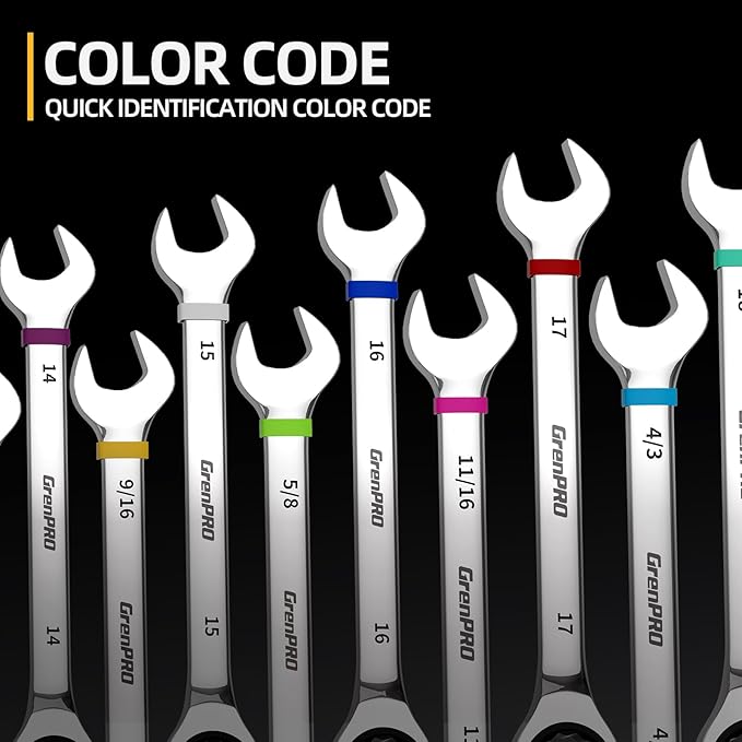 Ratcheting Wrench Set, 23PCS Combination Wrench Sets, Wrench Set Metric and Standard & SAE, 6-18mm & 1/4" to 3/4" with Color Ring, Ratchet Set With Roll Up Pouch, CRV Socket Mechanic Tool Sets