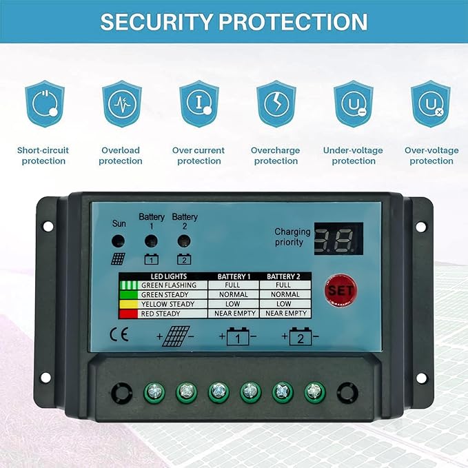 Dual Battery Solar Charge Controller 10A 20A 30A PWM 12V 24V System Batteries Power Panel Regulator Charger (10A)