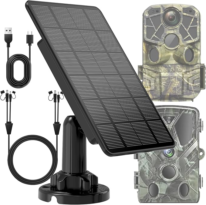 Solar Panel for Trail Camera, 5000mAh Rechargeable Battery Trail Camera Solar Panel for Continuous Charging of Trail Cameras (12V 1A & 6V 1.5A Output), IP66 Waterproof Best for Outdoor Use