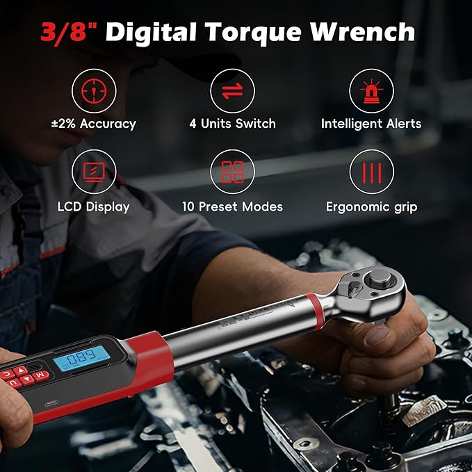 Digital Torque Wrench, 3/8" Drive 5-99.6 Ft.lb/6.8-135 N.m, Electronic Torque Wrench with Buzzer & LED Indicator, Rachet Torque Wrench Set for Bike Motorcycle Car Tire Auto Repair