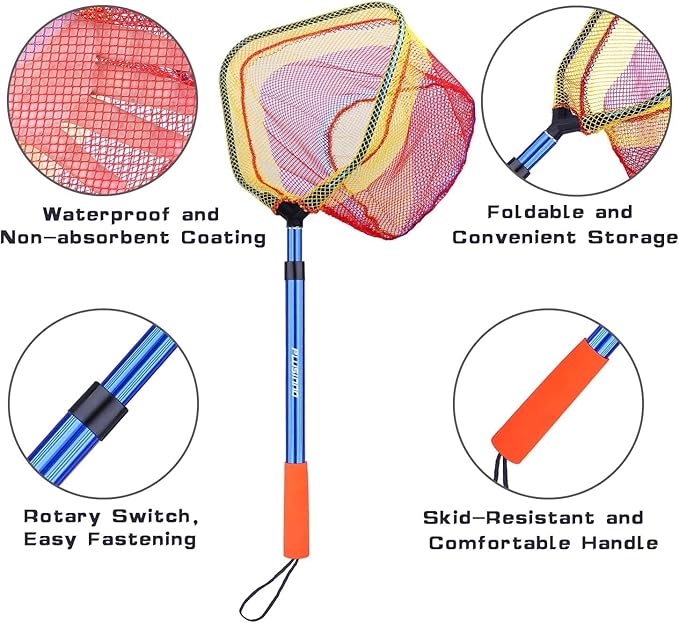 PLUSINNO Kids Fishing Net, Telescopic Lightweight Landing Net with Aluminum Pole Handle and Nylon Mesh, Catch and Release Butterfly Net for Kids Youth Outdoor
